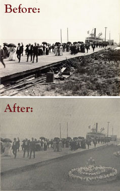 Before and after photos of Cedar Point dock, circa 1900