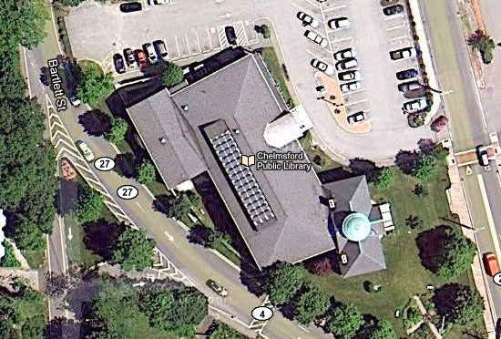 Satellite view of solar panels on the roof of the Chelmsford Library