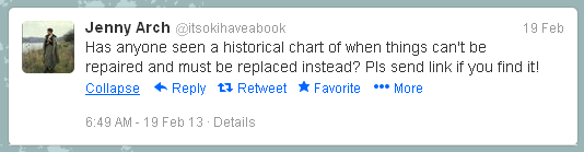 Tweet from @itsokihaveabook  Has anyone seen a historical chart of when things can't be repaired and must be replaced instead? Pls send link if you find it!